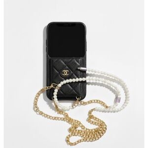 CHANEL Black Quilted Phone Case with Gold and Pearl Accents usb cable